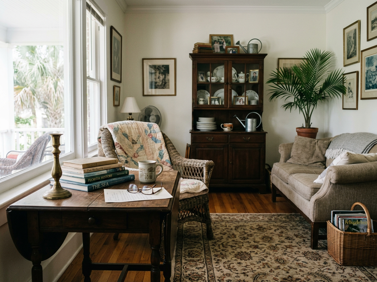 Living room with a window, armchair with quilt, wooden table with books, mug, glasses, and candle holder, beige sofa with pillow, wooden cabinet displaying plates and family photos, large potted plant, framed pictures on wall, bookshelf with magazines, patterned area rug on hardwood floor.