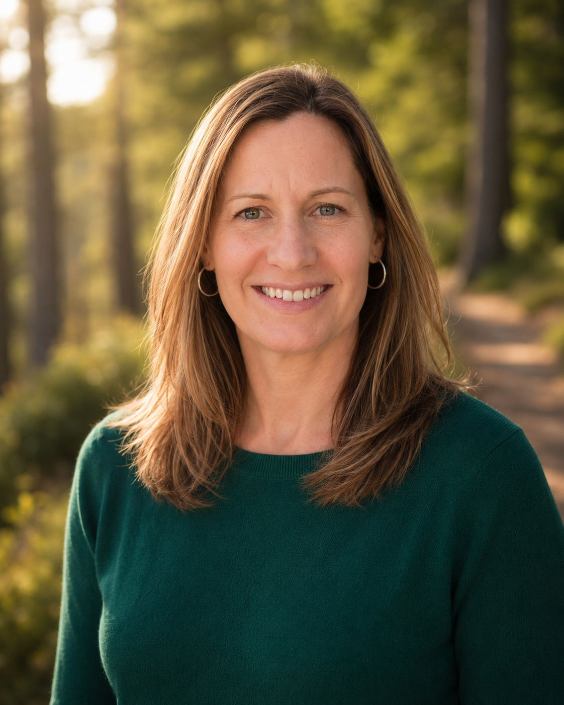 A woman with shoulder-length light brown hair, wearing a green top and hoop earrings, smiling outdoors with a blurred background of trees and a dirt path.