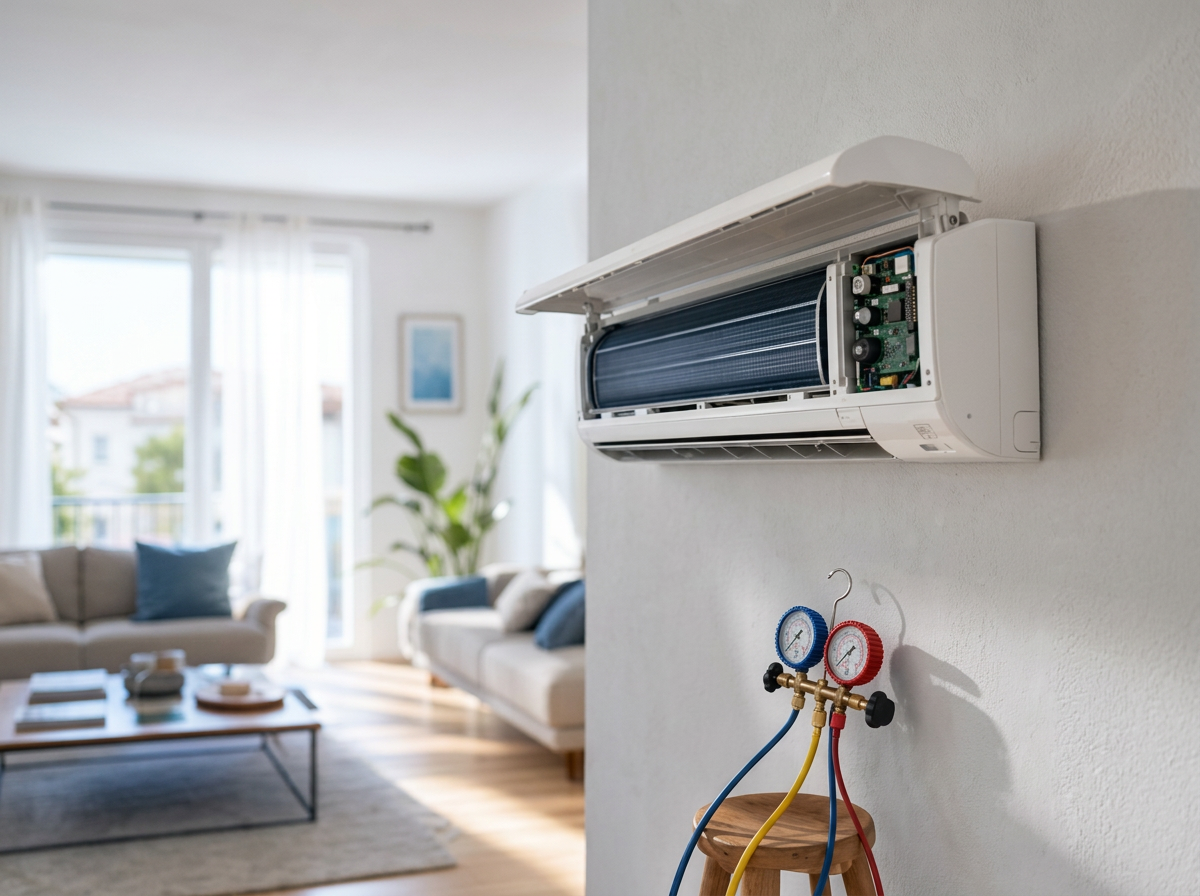 A wall-mounted air conditioning unit with its front cover removed, exposing internal components, in a bright living room with large windows, sofas, and houseplants.