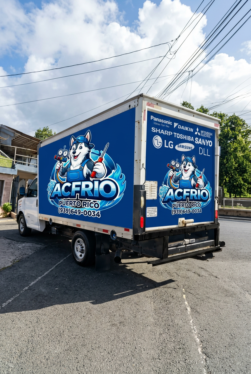 A delivery truck with a blue background logo featuring a cartoon husky dog holding a screwdriver and a circuit board, promoting ACFRIO in Puerto Rico, with phone number 939-649-0034, parked on an asphalt lot under a partly cloudy sky.