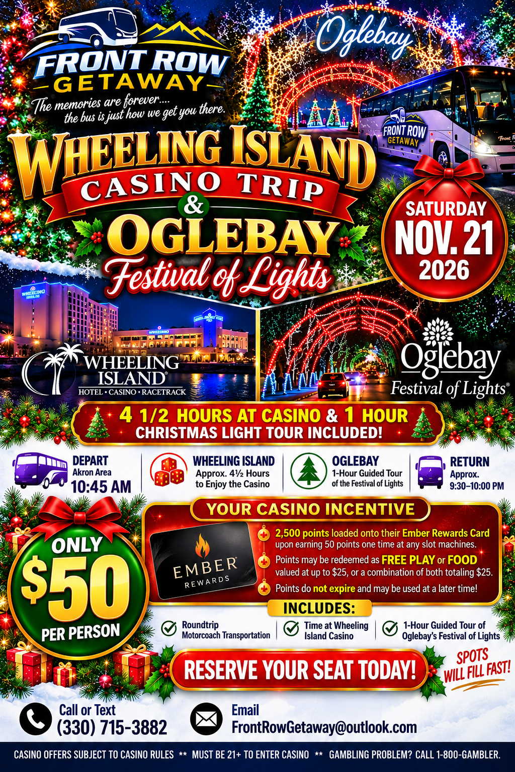 Flyer for the Wheeling Island Casino and Oglebay Festival of Lights day trip, Saturday Nov. 21, 2026, $50 per person