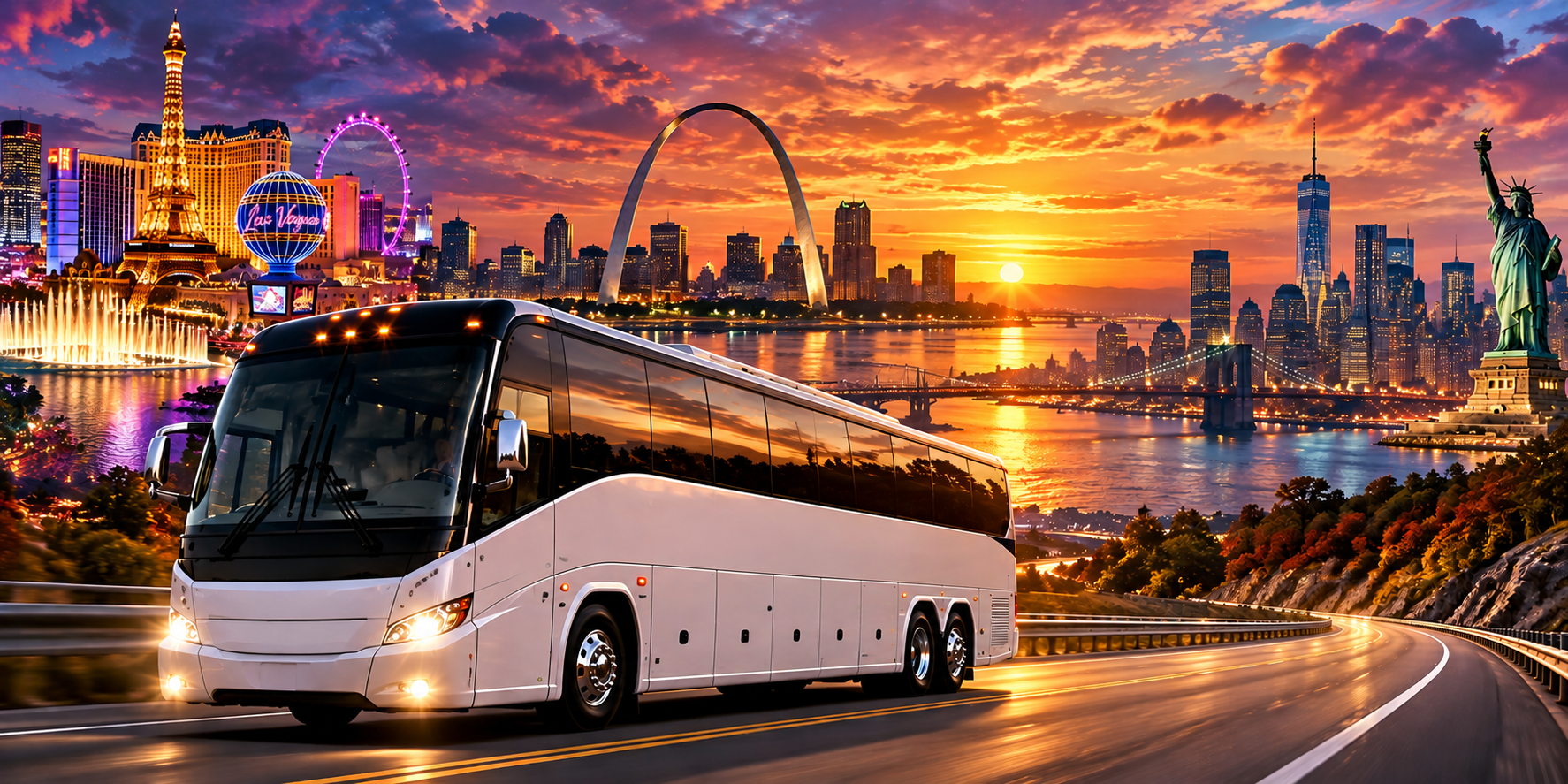 Front Row Getaway motorcoach on the highway at sunset with city skylines behind it
