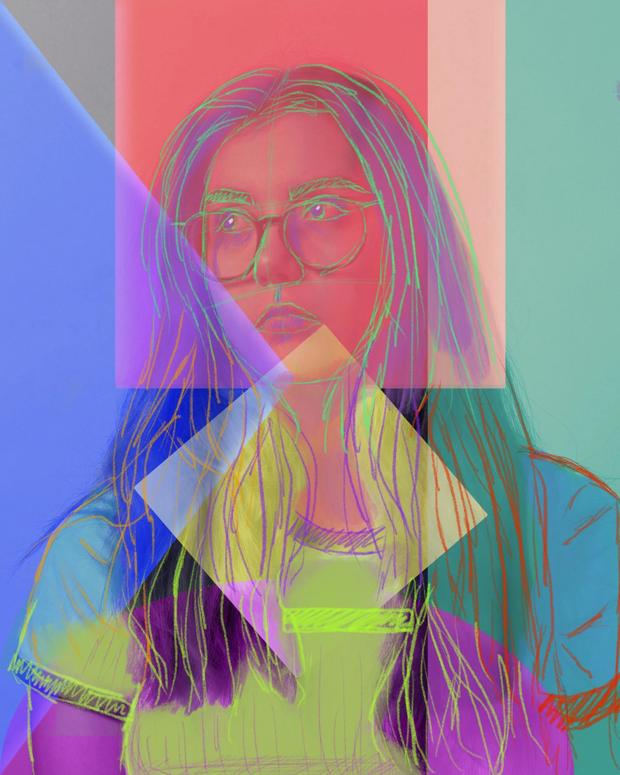 Colorful abstract digital illustration of a woman wearing glasses with long hair, set against a vibrant, geometric background.