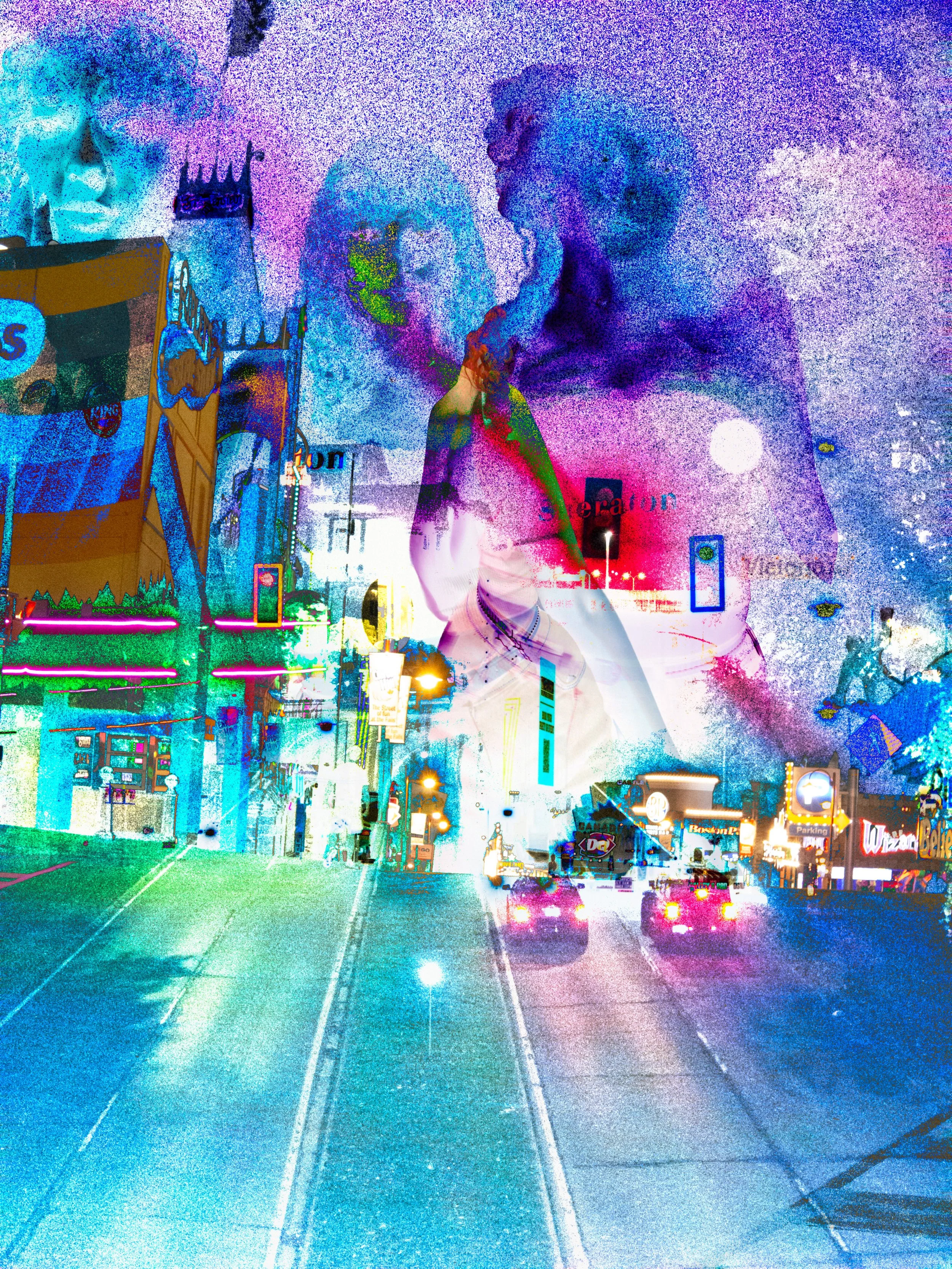 Colorful digital artwork of a city street at dusk with neon lights, signs, and a vibrant sky with stylized clouds and lights.