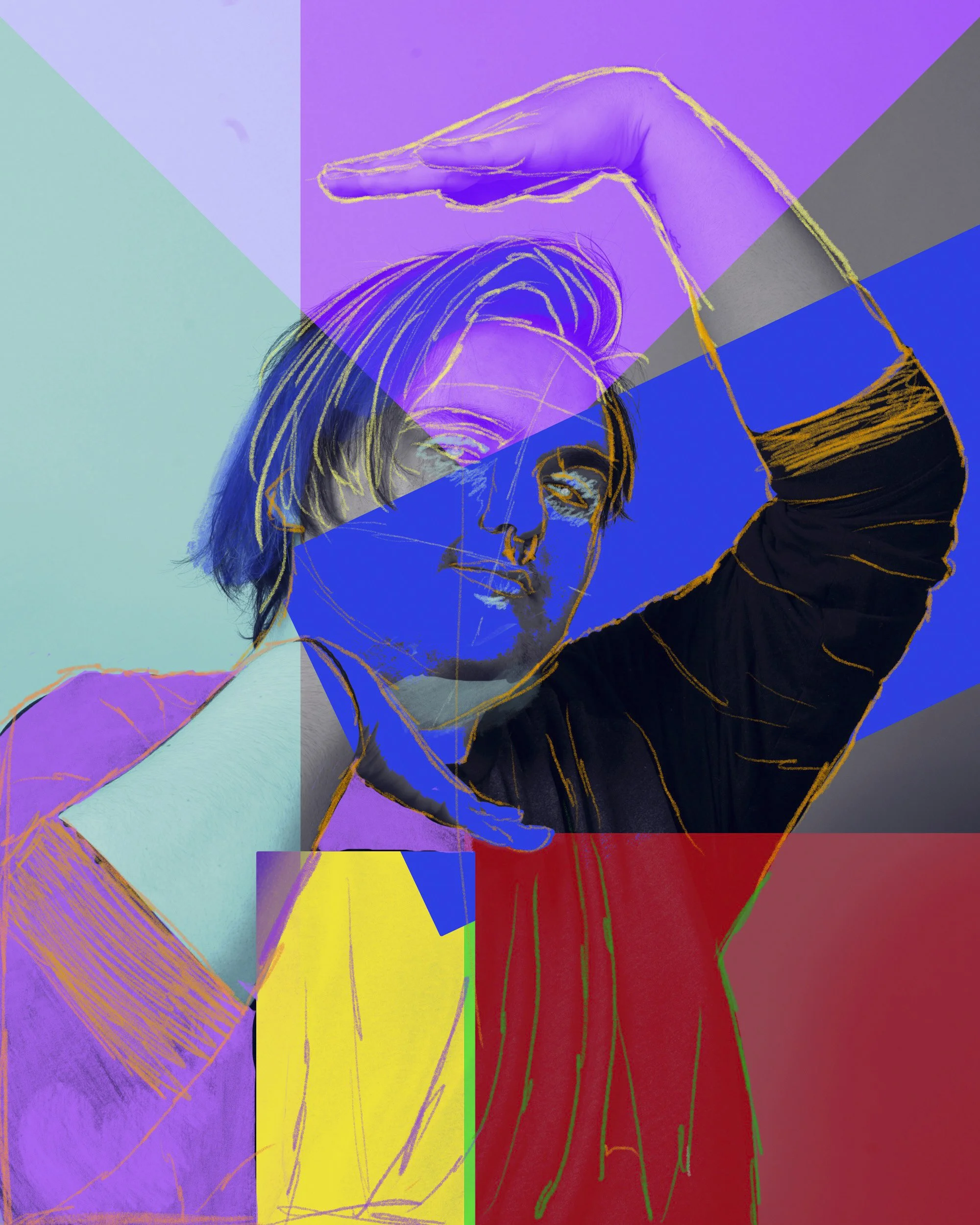 Digital art of a woman's face with long hair, holding her hand above her head, depicted with outlined strokes and vibrant, colorful background