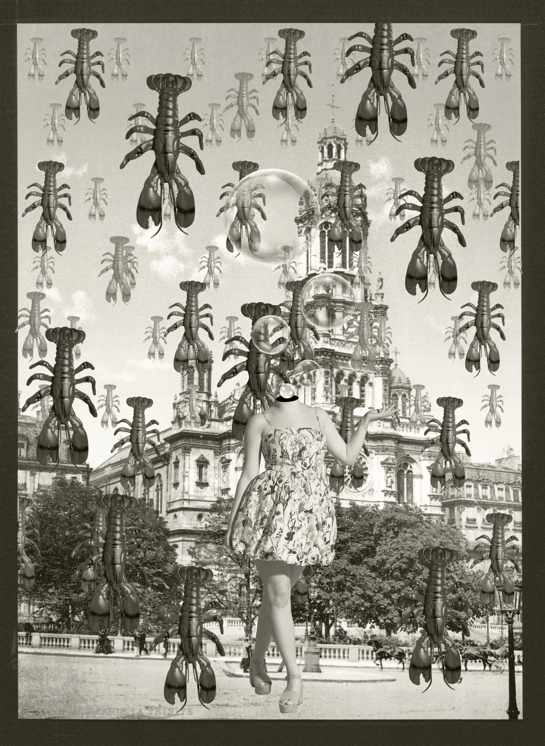 Black and white photograph of a woman in a floral dress with high heels standing in front of a historic building, surrounded by hanging insects and bubbles in a surreal art scene.