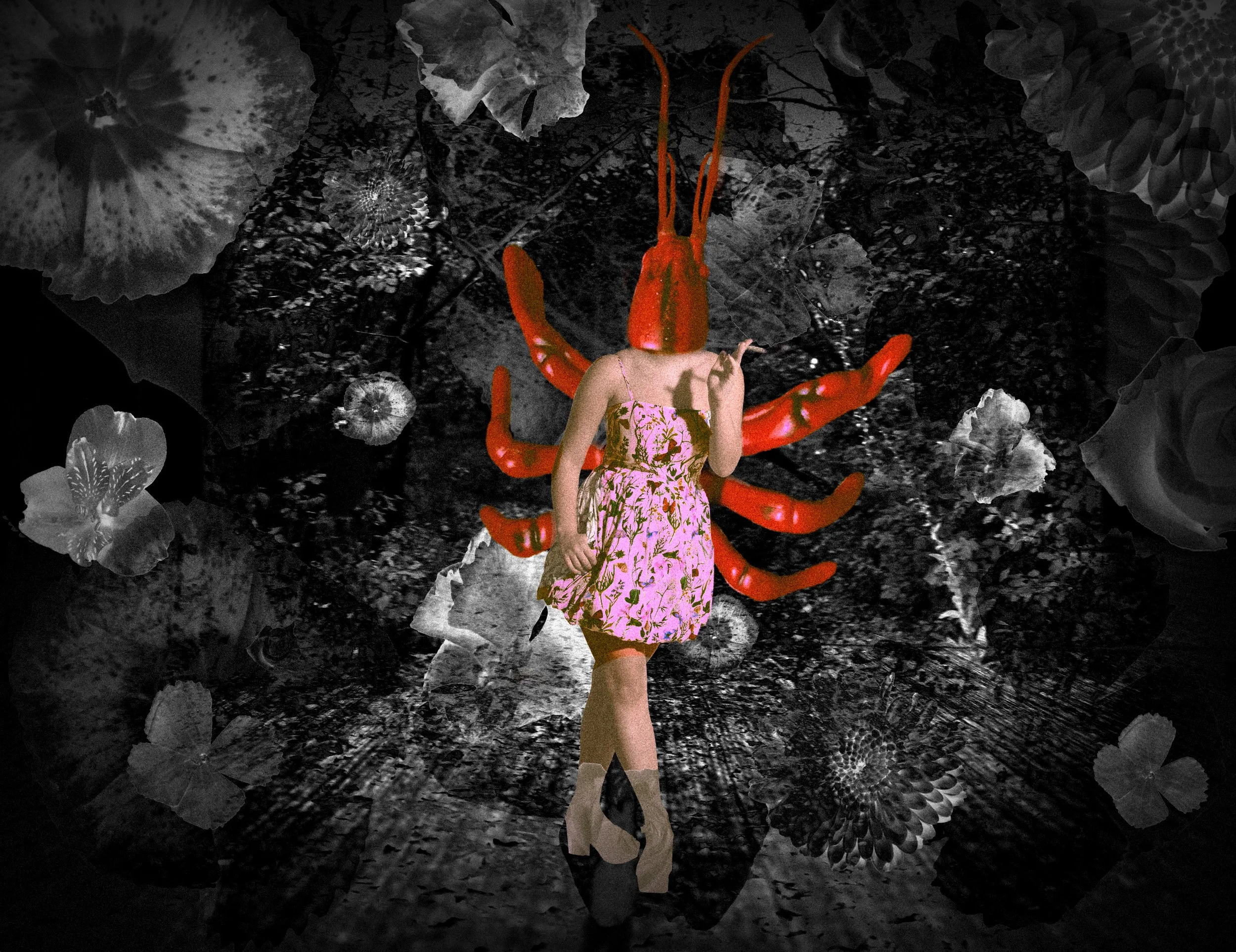 A collage featuring a young woman in a floral dress with a surreal background. The background includes black and white floral elements, a spider web, and a giant red lobster with a human face and arm.