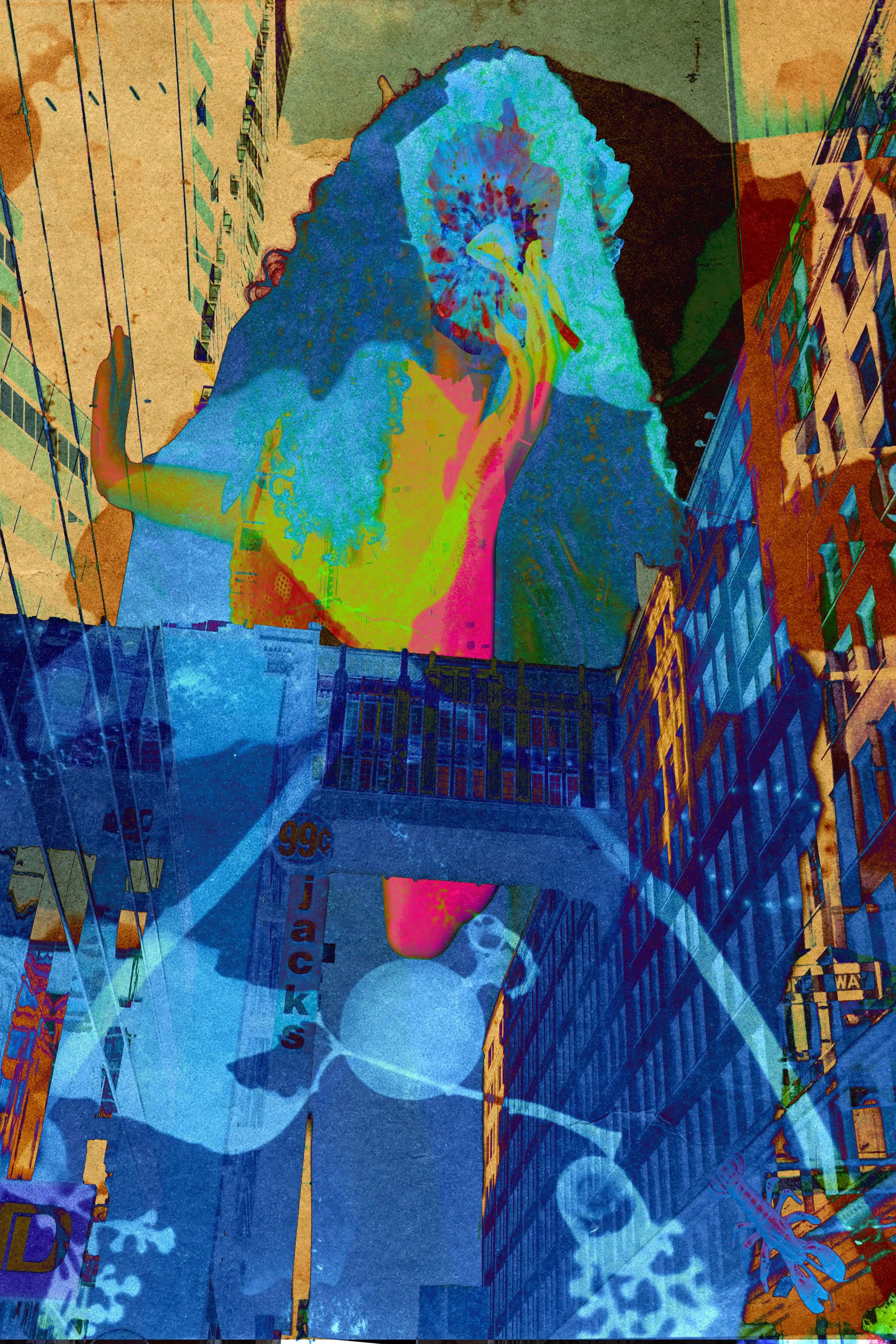 A large, colorful, and abstract depiction of a woman with curly hair, touching her face with her fingers. The background consists of tall buildings and city streets, with a surreal and artistic style.