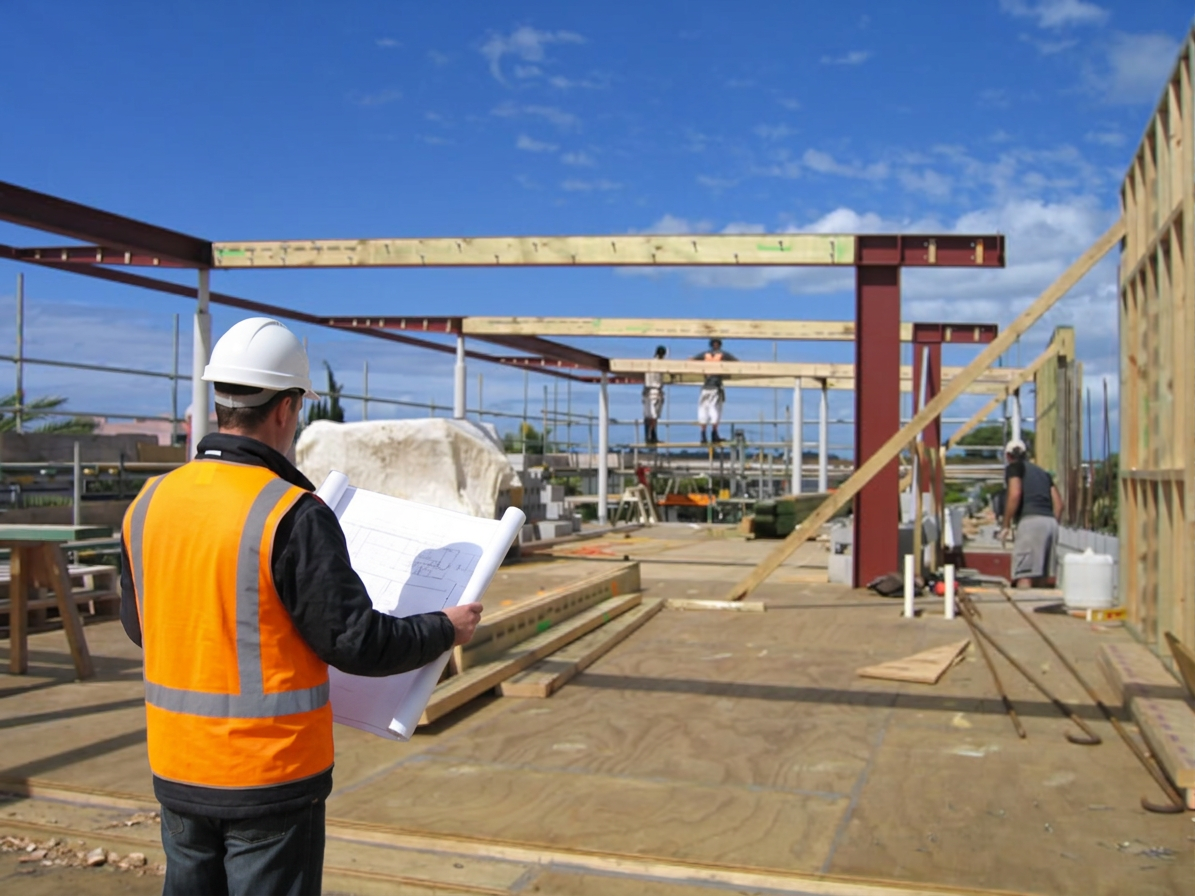 Construction supervisor in a white hard hat and orange safety vest reviews blueprints at a building site.