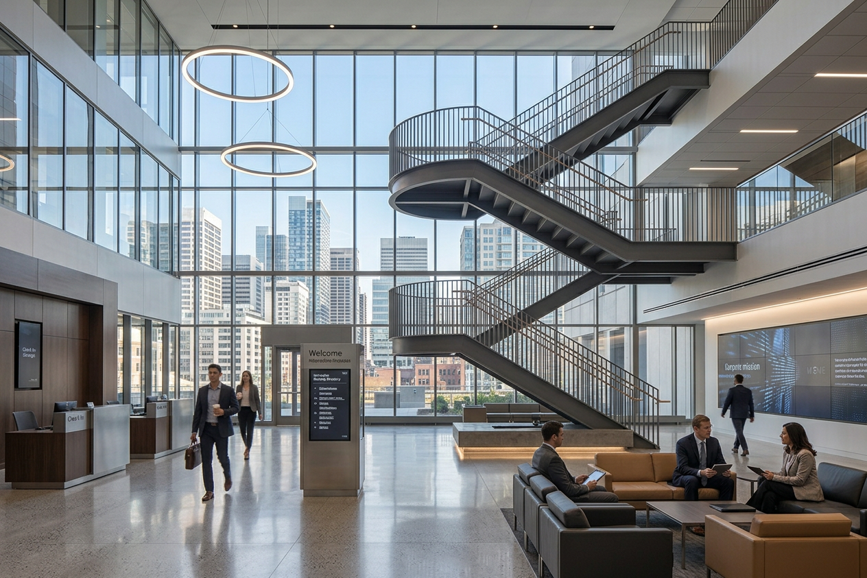 Modern corporate office lobby with sweeping staircase, reception desk, seating area, digital welcome directory, and city skyline views