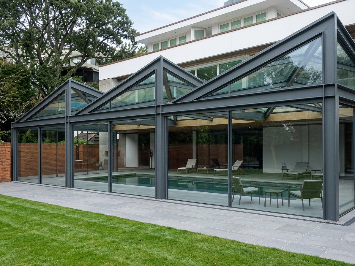 Modern glass pool enclosure with dark metal frames, outdoor seating, and a landscaped lawn beside a contemporary white house