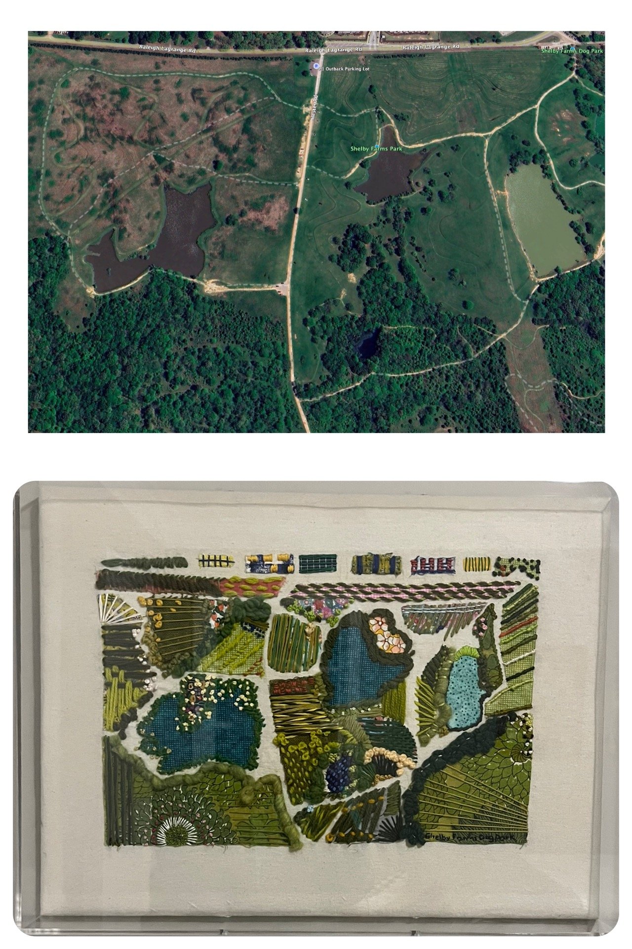 Aerial view of Shelby Farms Park with lakes, walking paths, and green spaces, bordered by Raleigh Lagrange Road and a parking lot.