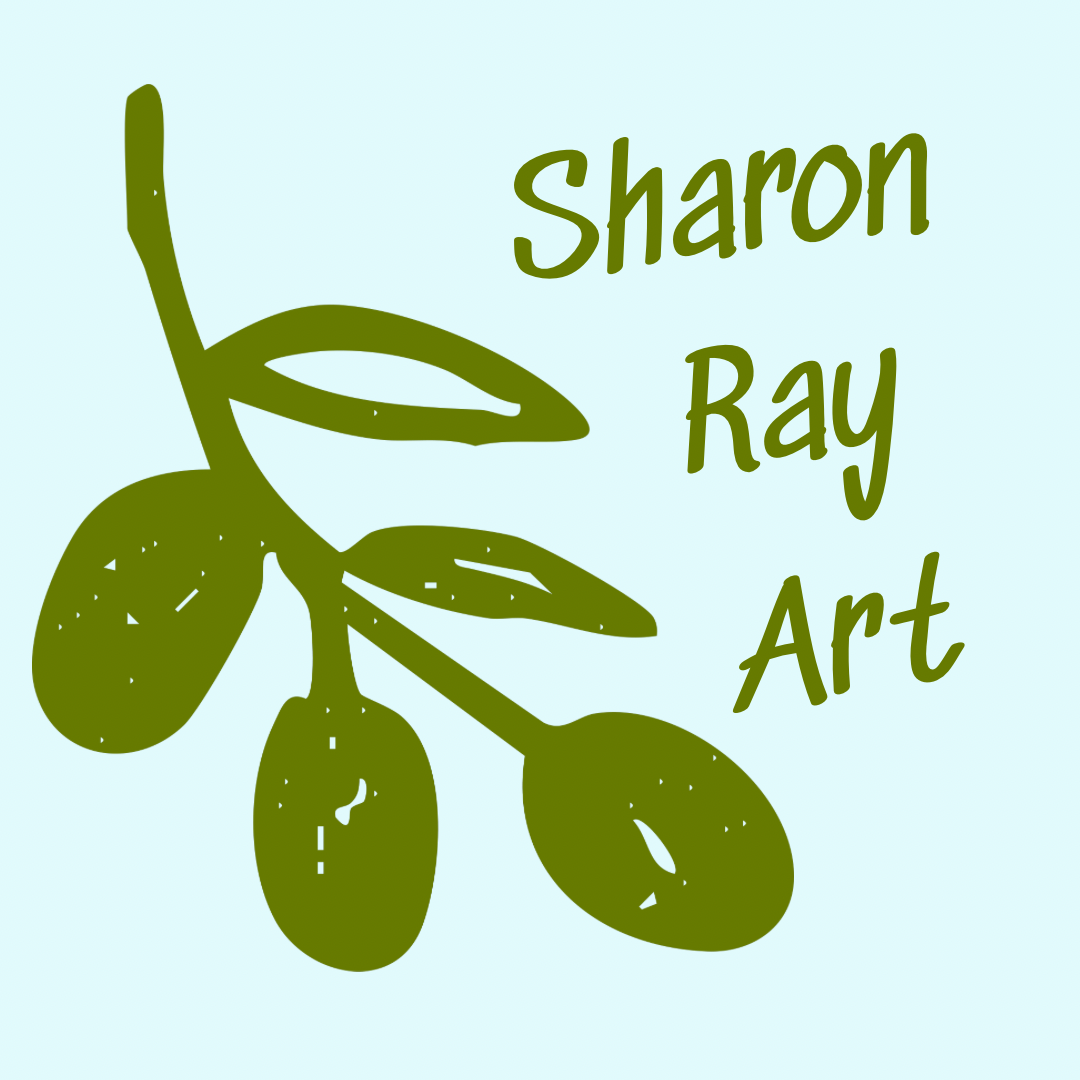 Illustration of a branch with olives and leaves, with the text 'Sharon Ray Art' beside it, on a light background.