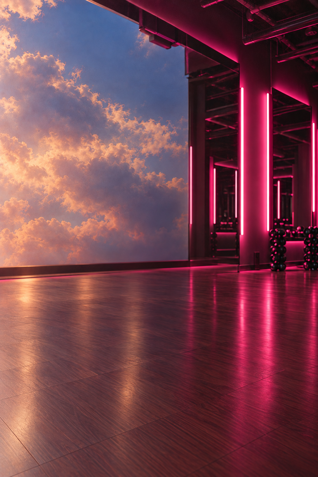 A modern fitness studio with pink neon lighting, a large window showing a sunset or sunrise sky with clouds, and a wooden floor reflecting the lights.