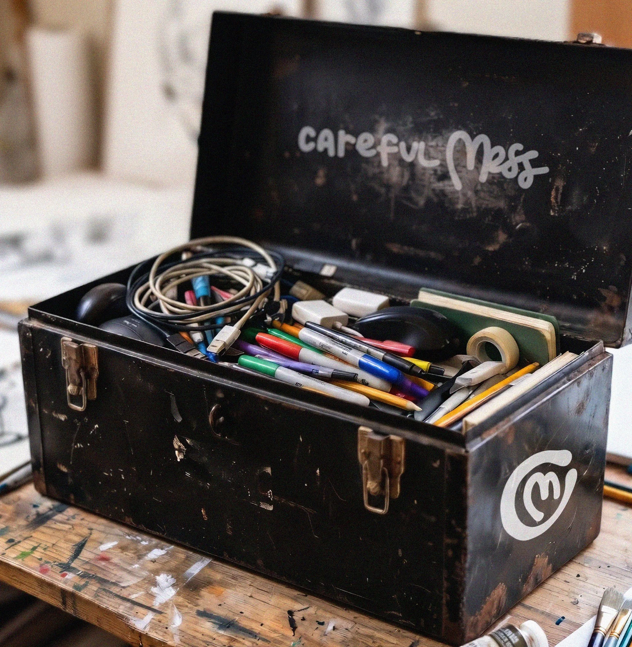 Open black toolbox filled with colorful pens, pencils, markers, tape, cables, and assorted tools.