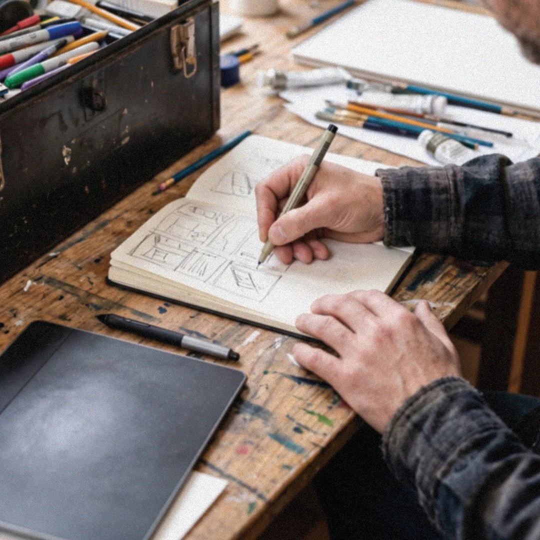 Artist sketching in an open notebook at a paint-stained desk surrounded by pencils, brushes, and art supplies