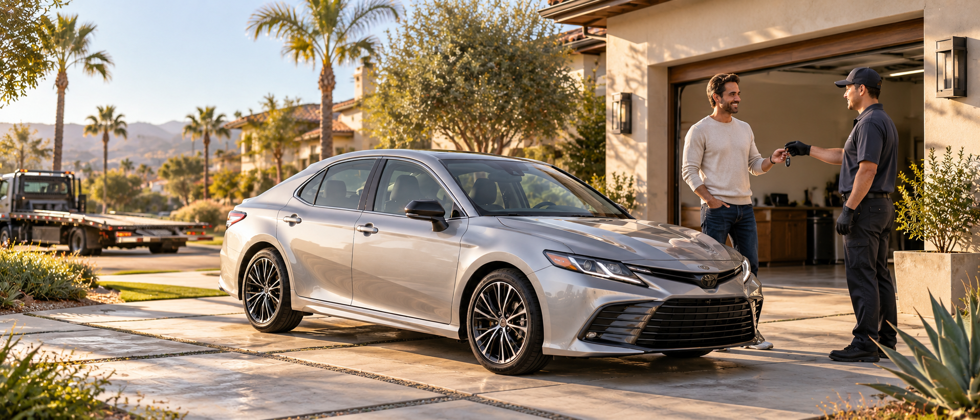 A man in casual clothes receives car keys from a delivery person in uniform outside a house with an open garage, a silver sedan parked nearby, and palm trees in the background during sunset.