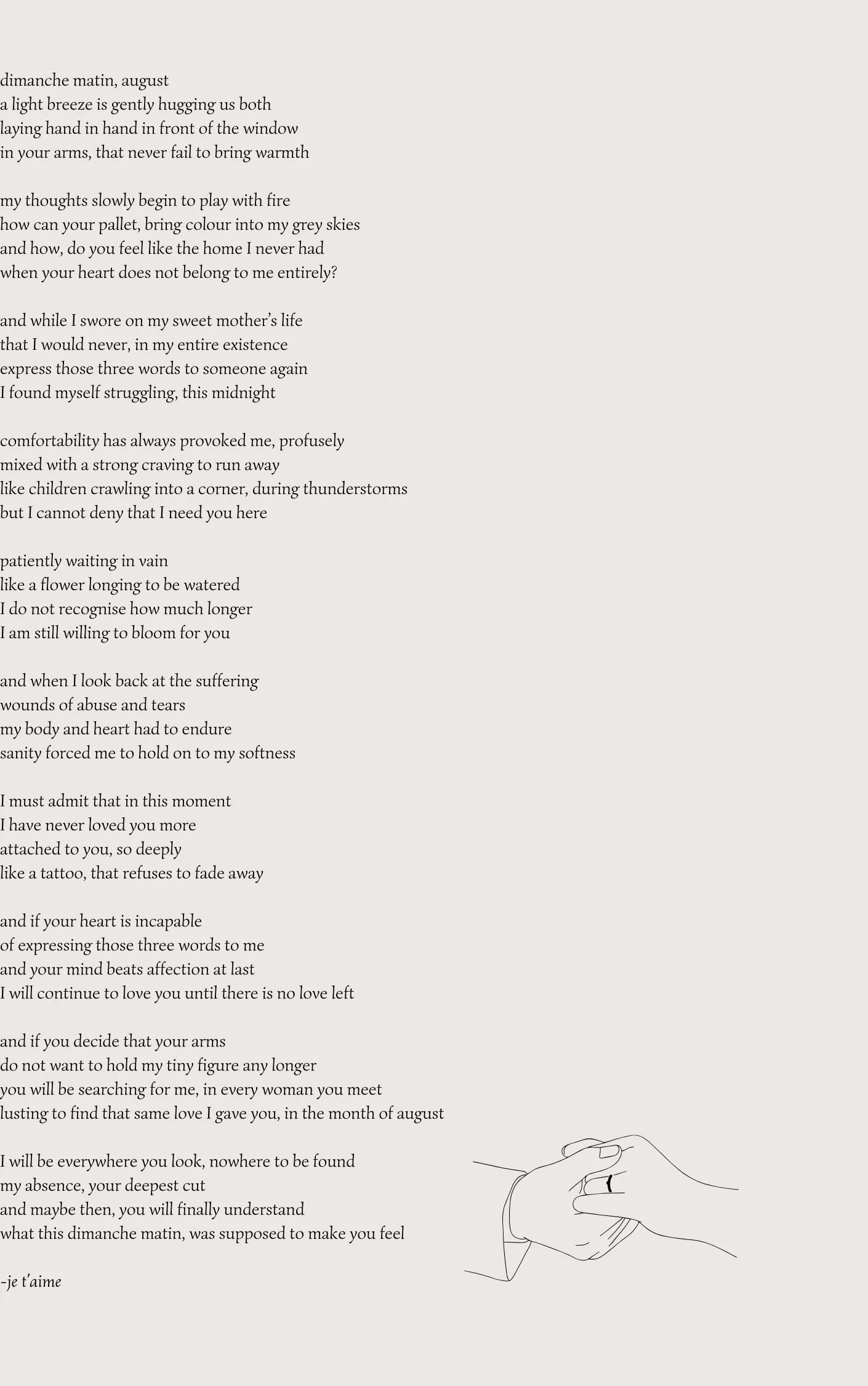 Poem written in French with a line drawing of two hands intertwined in the lower right corner.