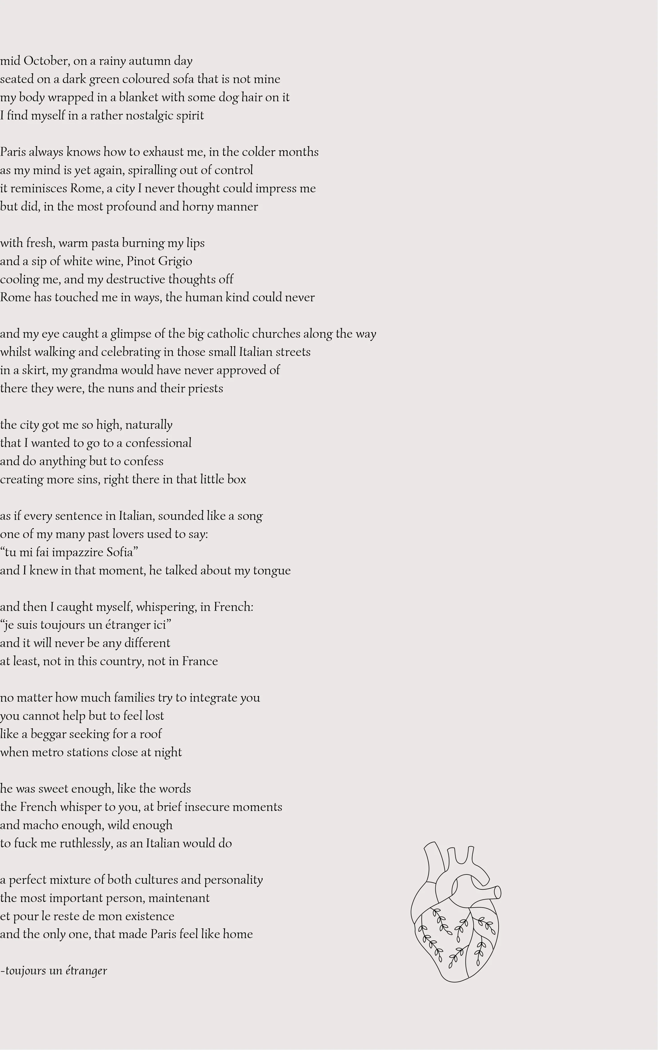 A page of text with a simple line drawing of a human heart at the bottom right corner.
