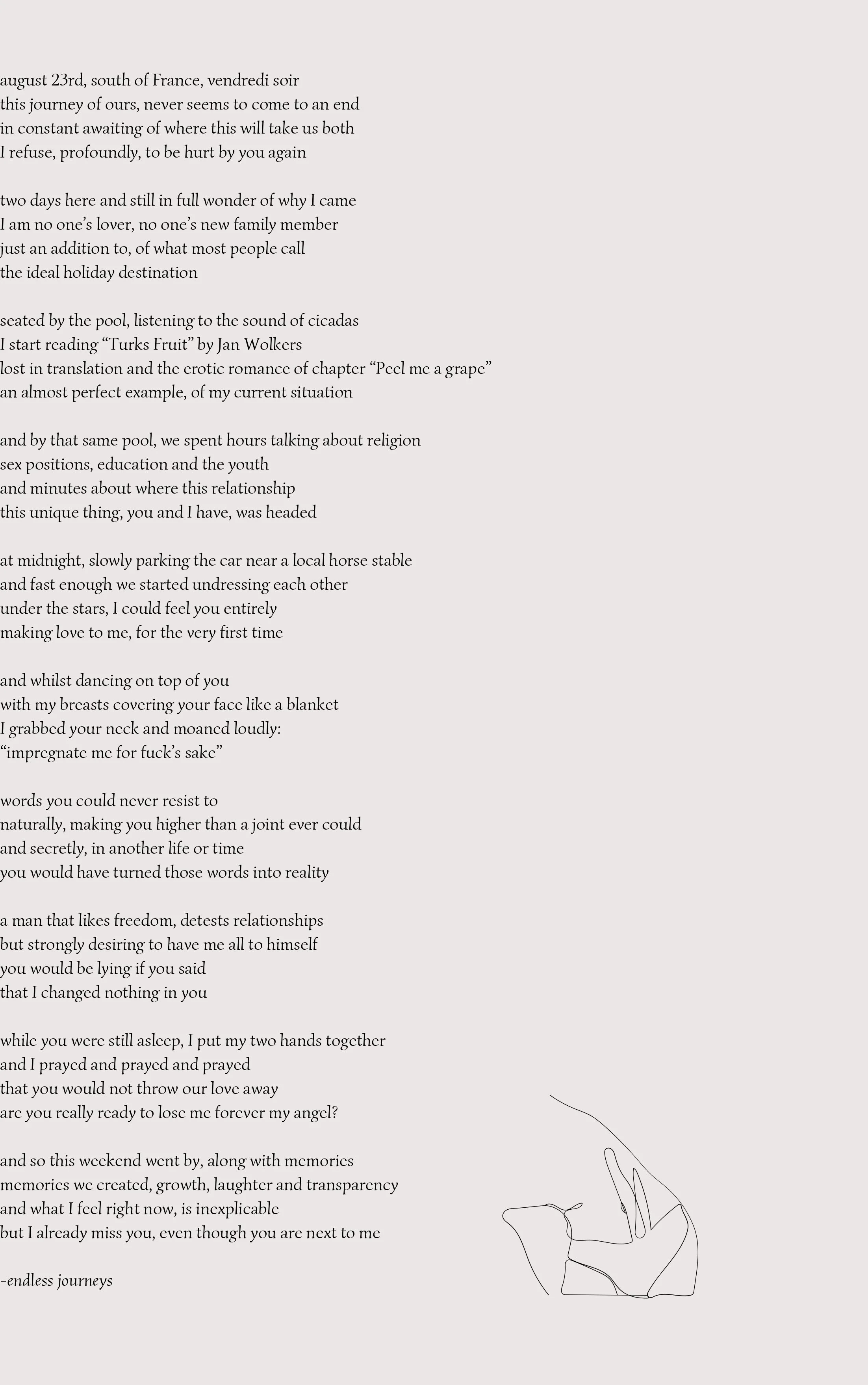 A page of a handwritten or printed love poem with a simple line drawing of a rose at the bottom right corner.