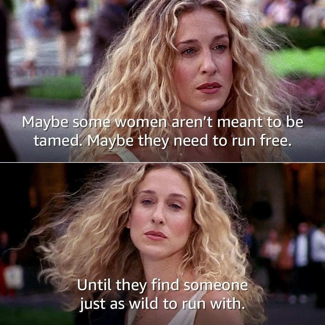 Close-up of a woman with curly blonde hair speaking with a thoughtful expression in two frames, with a blurred background. Subtitles read: "Maybe some women aren’t meant to be tamed. Maybe they need to run free. Until they find someone just as wild to run with."