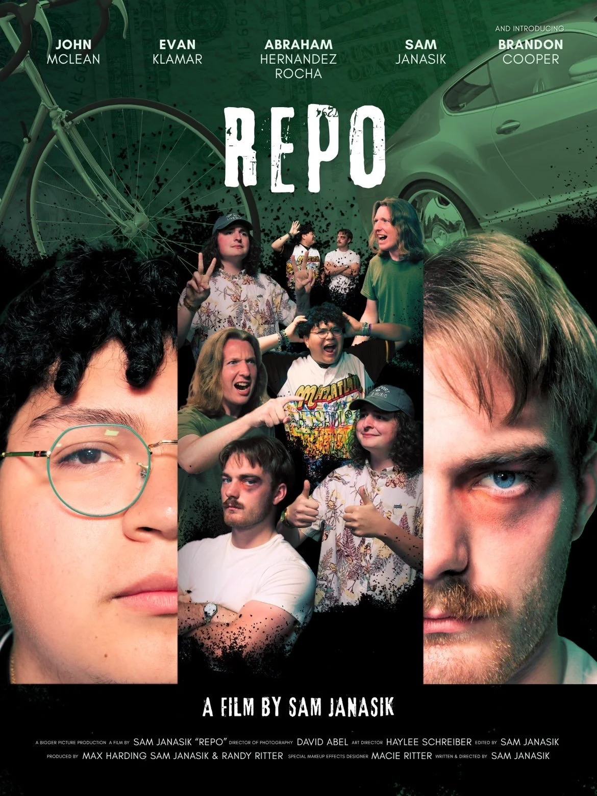 Poster for the film 'Repo' featuring multiple people with expressive faces, a bicycle, a car, and a dollar bill in the background.
