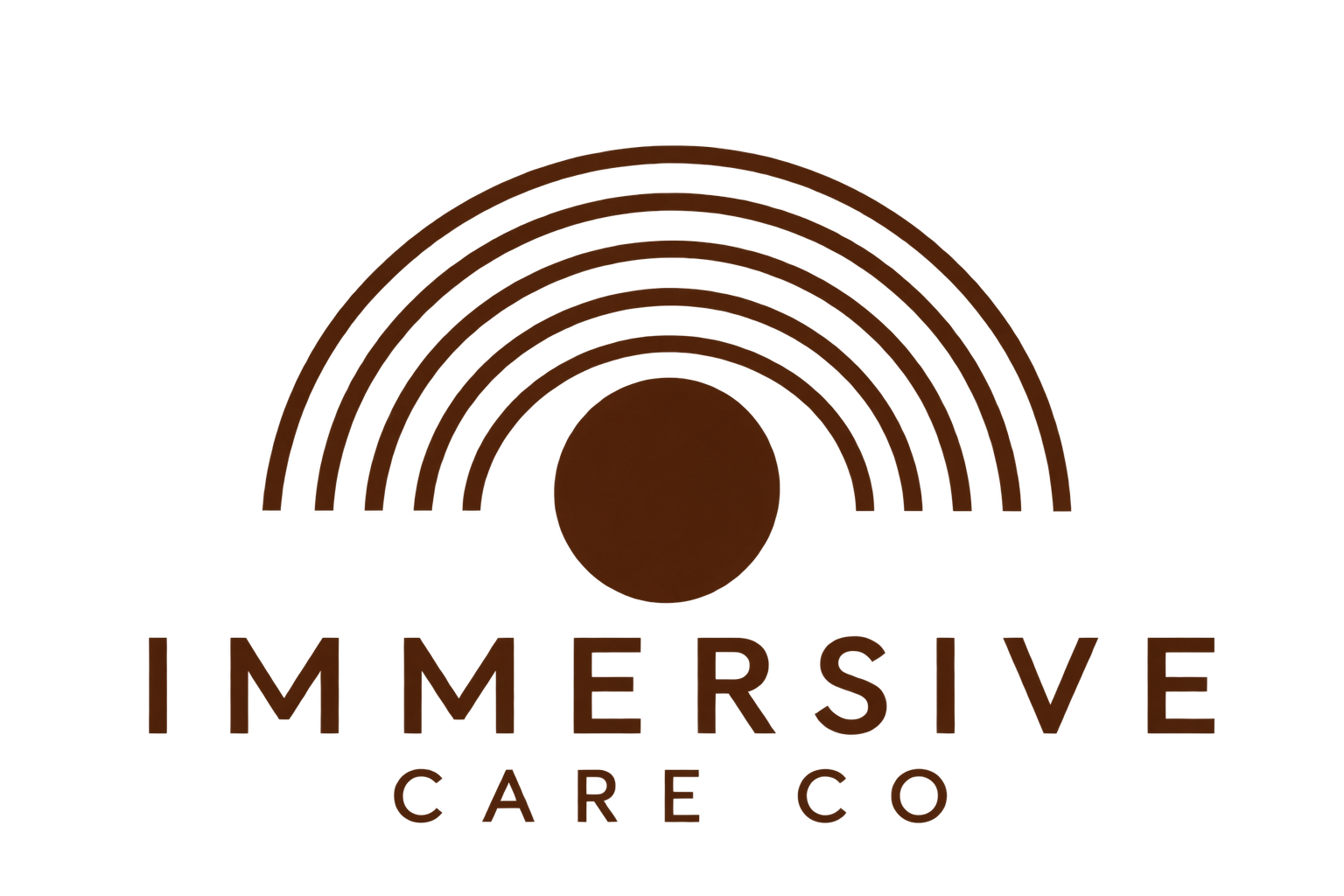 A logo for Immersive Care Co featuring a brown circle with five curved lines radiating upward, resembling a rainbow, with the company's name written beneath in uppercase letters.