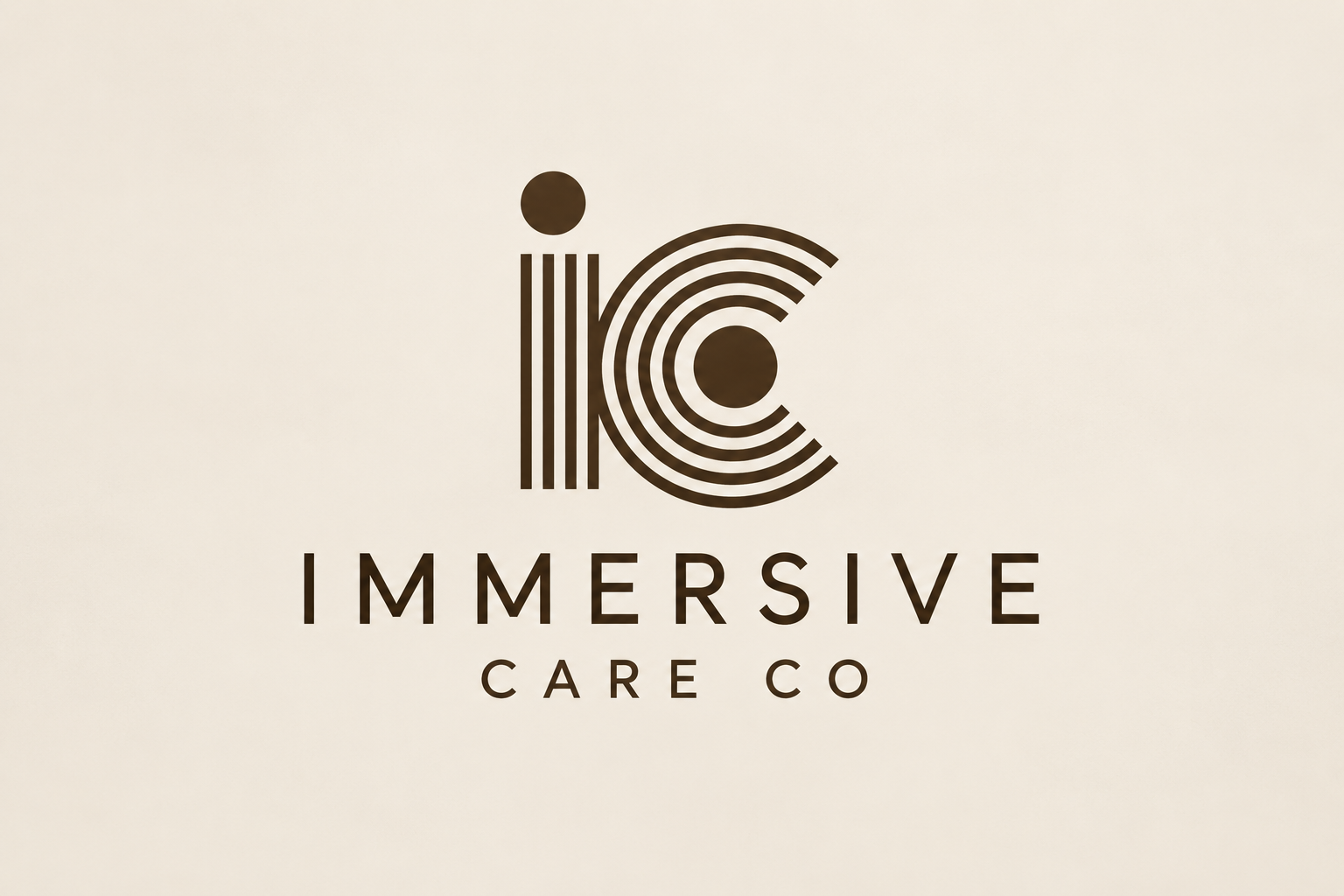 Logo for Immersive Care Co, featuring a stylized letter 'i' and 'k' with concentric circles and lines, with the company name below.
