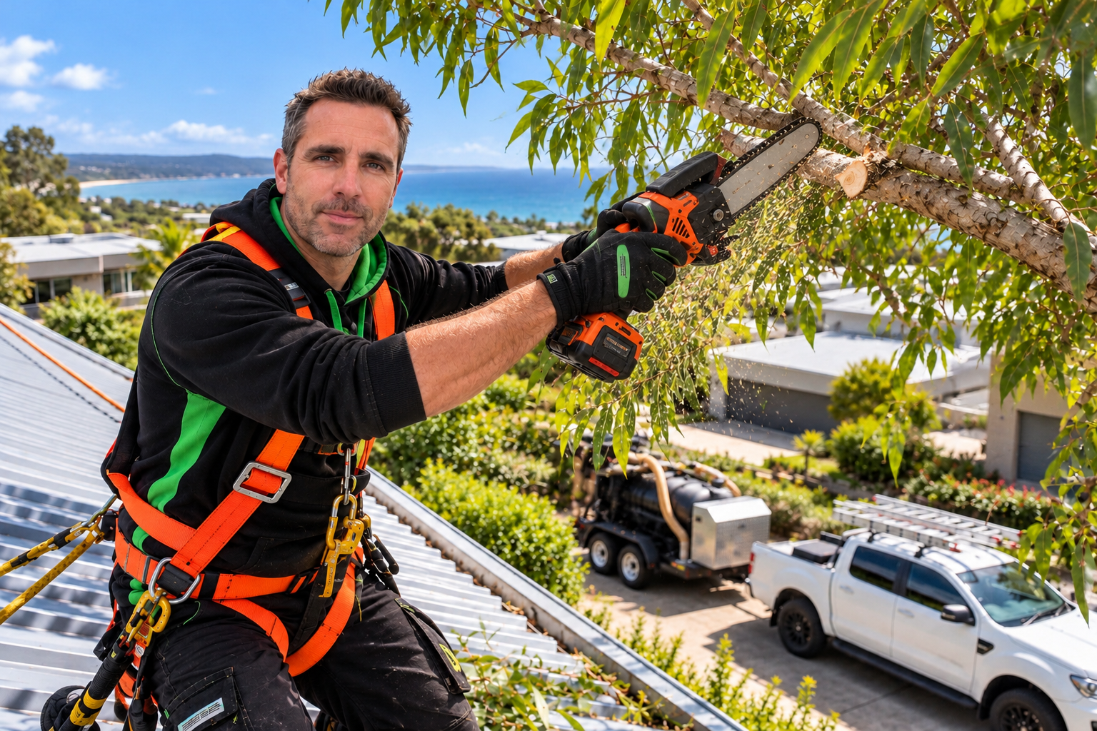 Man pruning a tree with a chainsaw on a rooftop, with trucks and buildings in the background.