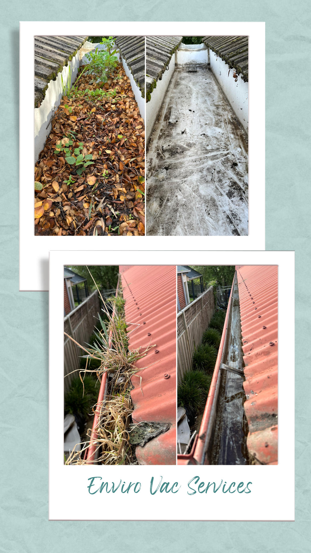 Before and after images of gutter cleaning and roof cleaning services by Enviro Vac Services.