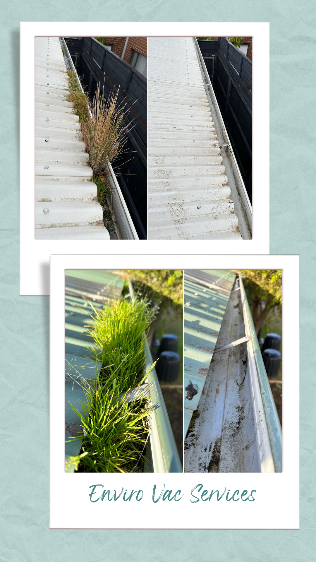 Comparison of gutters before and after cleaning, showing dirt, debris, and plants in the uncleaned gutter, and a clean, debris-free gutter after cleaning, with the company name "Enviro Vac Services" at the bottom. Vacuum gutter cleaning in Geelong