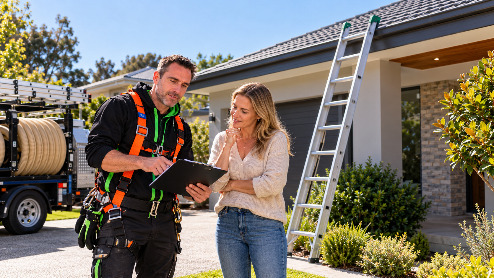 Enviro Vac Services Geelong showing Job report to a woman outside their house. There's a ladder and a truck with construction equipment in the background.