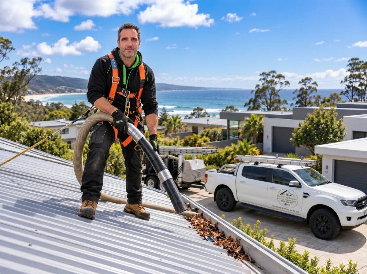 Man on a roof using a vacuum cleaner to remove debris from the roof's gutter, with residential houses, trees, and an ocean view in the background on a sunny day.