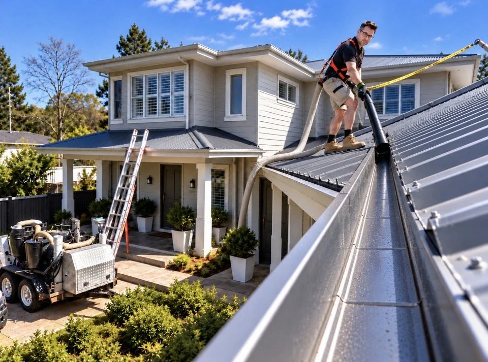 A man working on a metal roof using a vacuum cleaner, with a house and blue sky in the background.