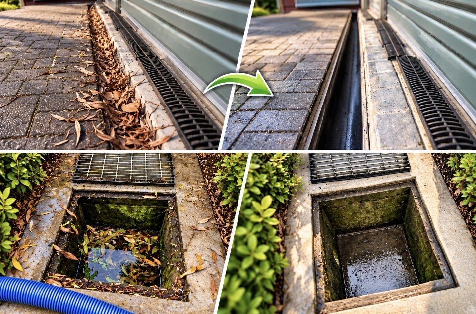 Before and after images of cleaning clogged drains and gutters in an outdoor sidewalk area. Top left shows leaves and debris blocking a drain; top right shows the drain cleared; bottom left shows a clogged storm drain filled with leaves and water; bottom right shows the same drain cleaned and dry with moss growth.