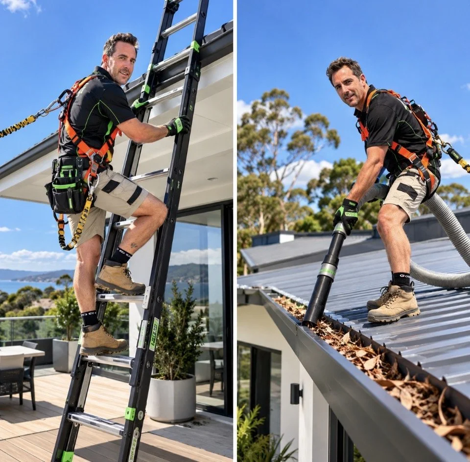 A man in safety gear is on a ladder cleaning leaves from the roof of a modern house, with trees and hard access.