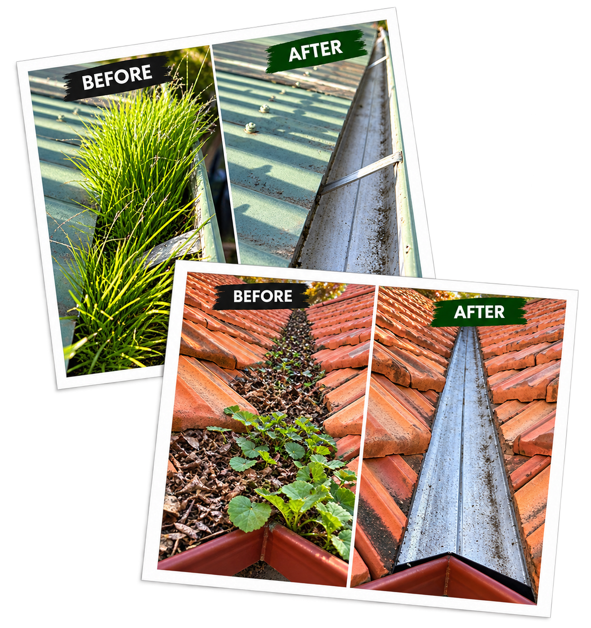 Before and after photos of roof gutter cleaning and repair. The first set shows a green grassy roof gutter before cleaning and a clean, rust-free gutter after. The second set shows a clogged gutter filled with leaves before cleaning and a clear gutter after. Both images highlight the improvements after cleaning.