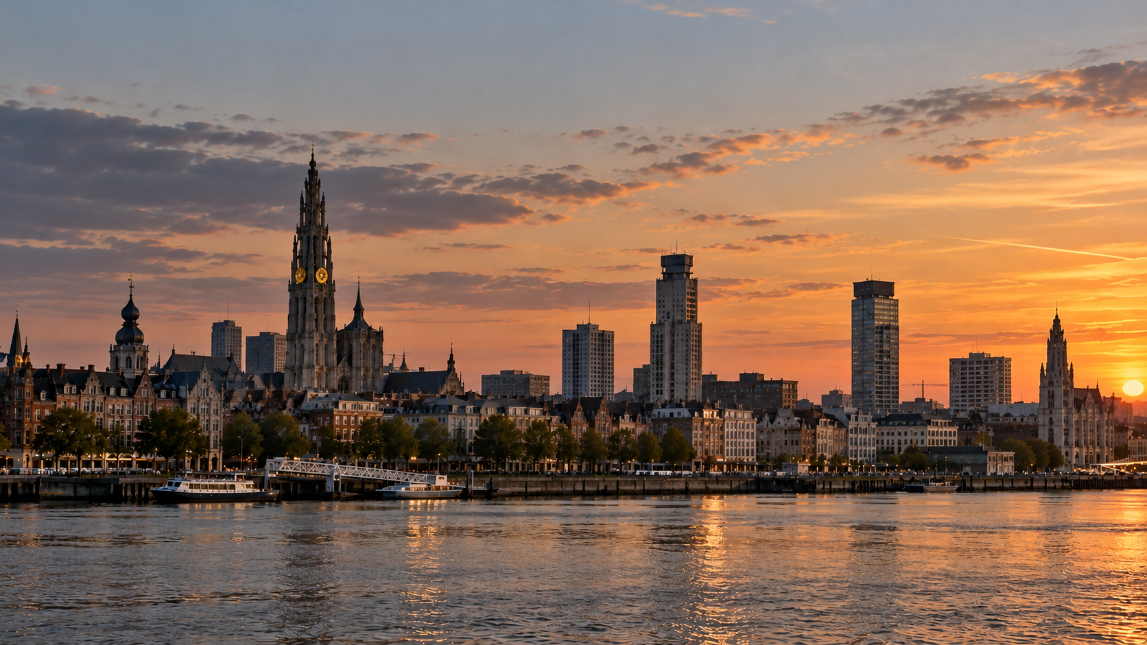 Sunset over Antwerp's city skyline