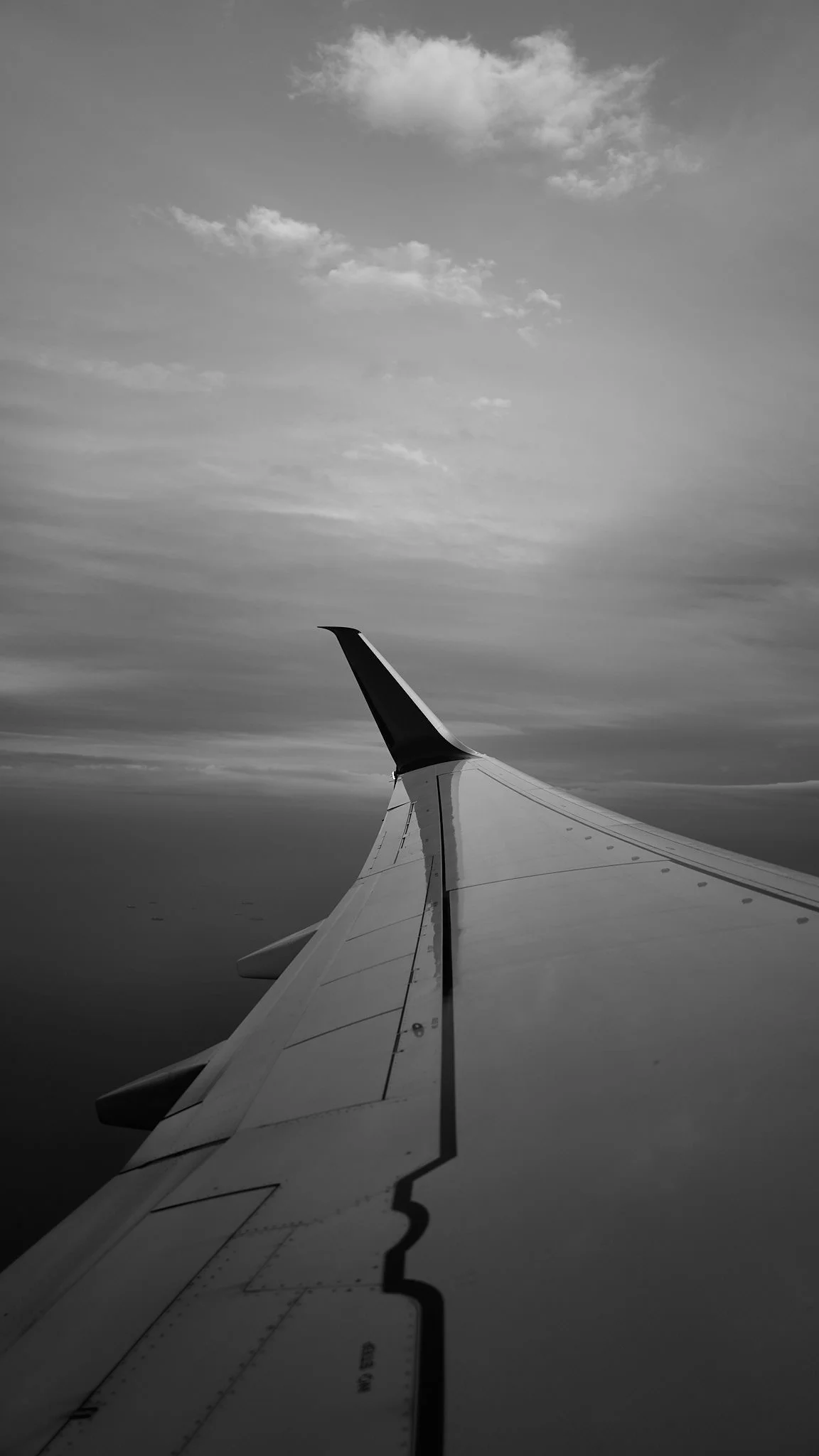 Black and white photo of an airplane wing seen from the window with a cloudy sky in the background  by Matt Ellis