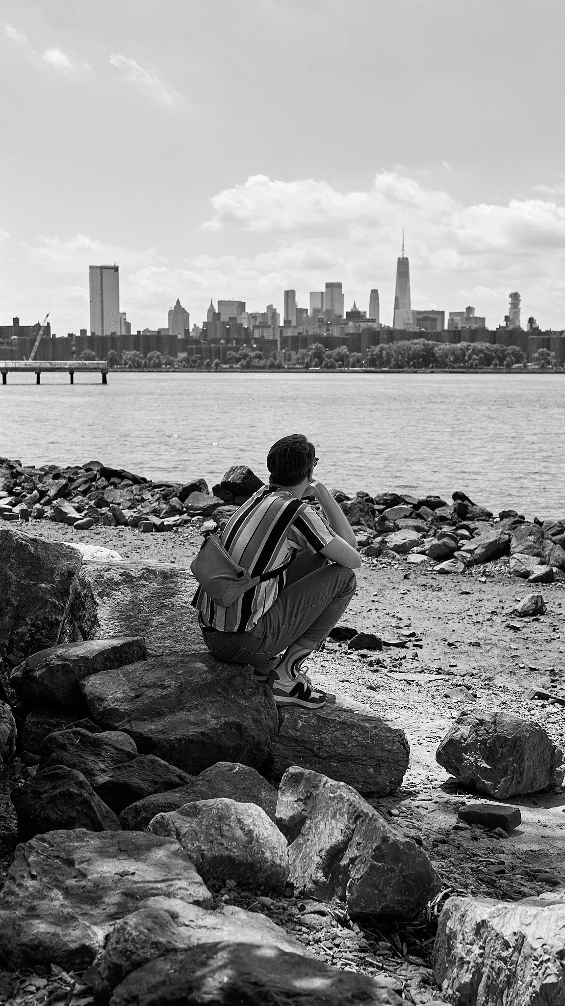 A person sitting on rocks by the water, looking at a city skyline with tall buildings.