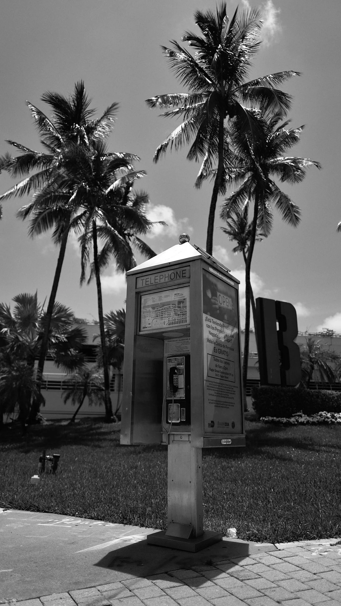 A vintage-style telephone booth standing on a paved sidewalk, with tall palm trees and a building in the background. The scene is in black and white.