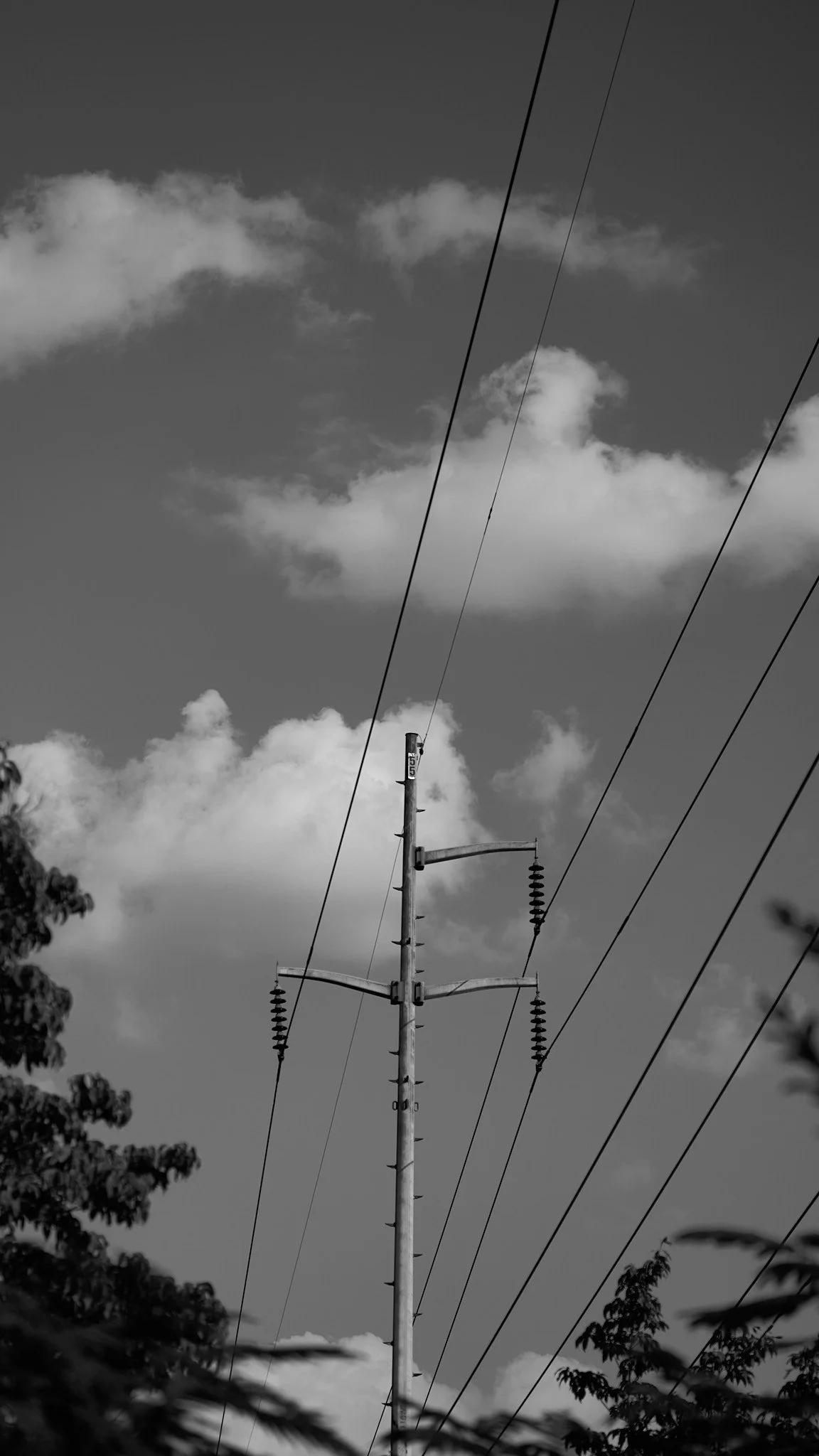 Black and white photograph of an electric power line pole with wires extending outward, set against a partly cloudy sky.