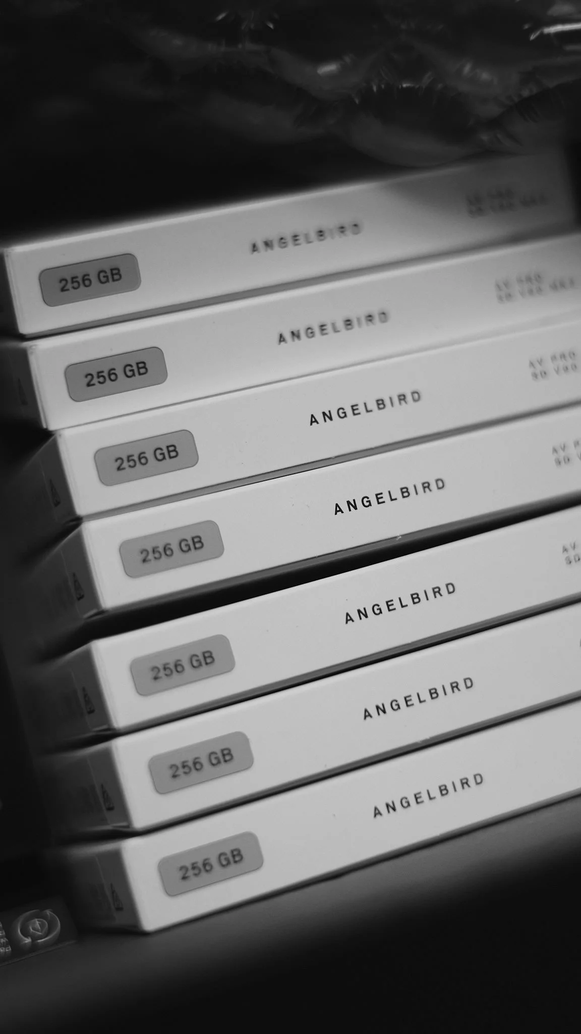 Stacked white boxes labeled '256 GB' and 'ANGELBIRD' in black text, viewed in black and white.