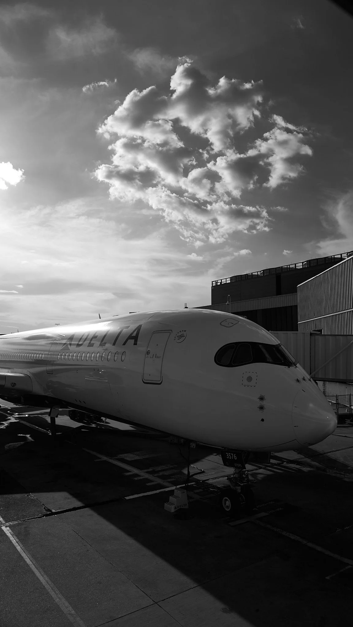 Black and white photo of a Delta airplane parked at the gate at an airport with a cloudy sky above.