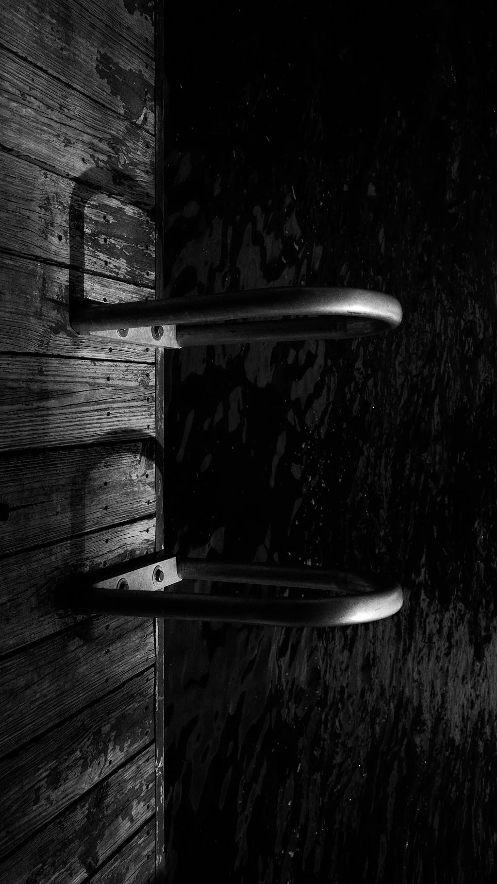 A metal handrail on a wooden dock extending into dark water, photographed in black and white.