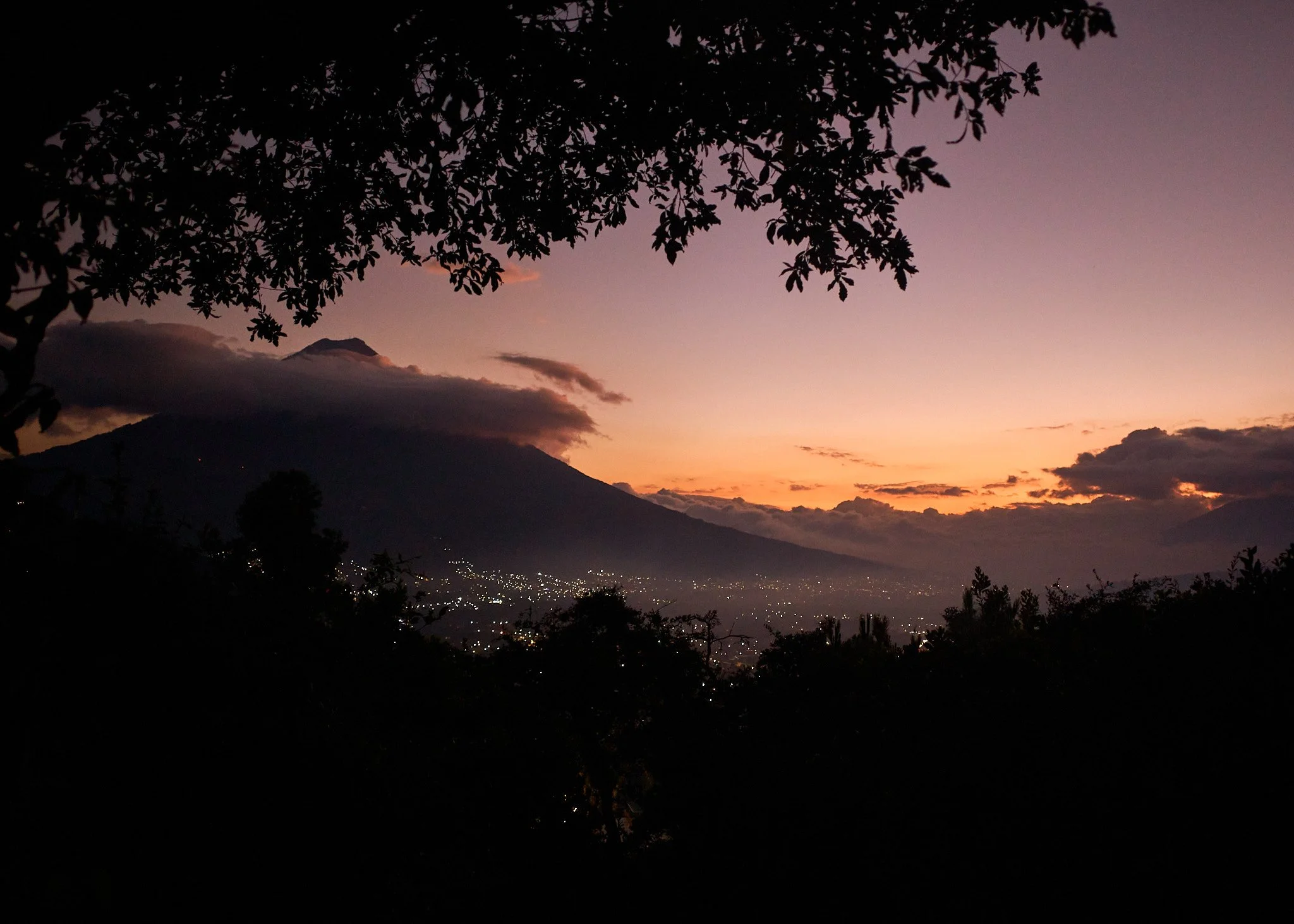 Nighttime view of a mountain with clouds and a cityscape below, framed by tree branches in the foreground.