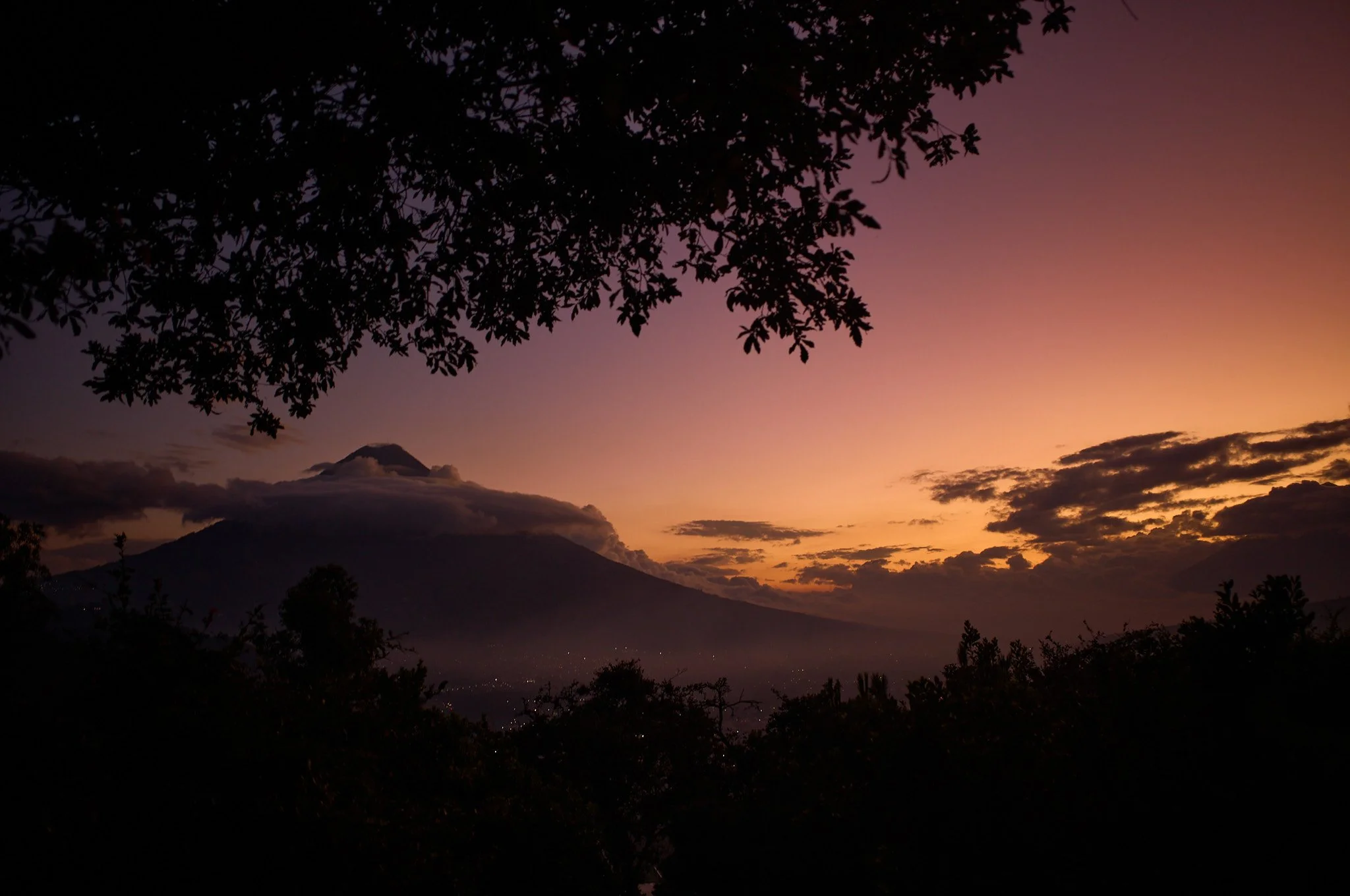 Silhouette of trees and a mountain at sunset with a cloudy sky in the background.