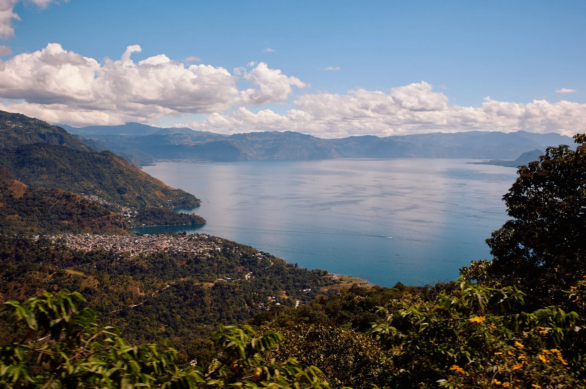 A coastal scene with a large body of water, mountains in the background, and a forested shoreline with some buildings in the foreground.