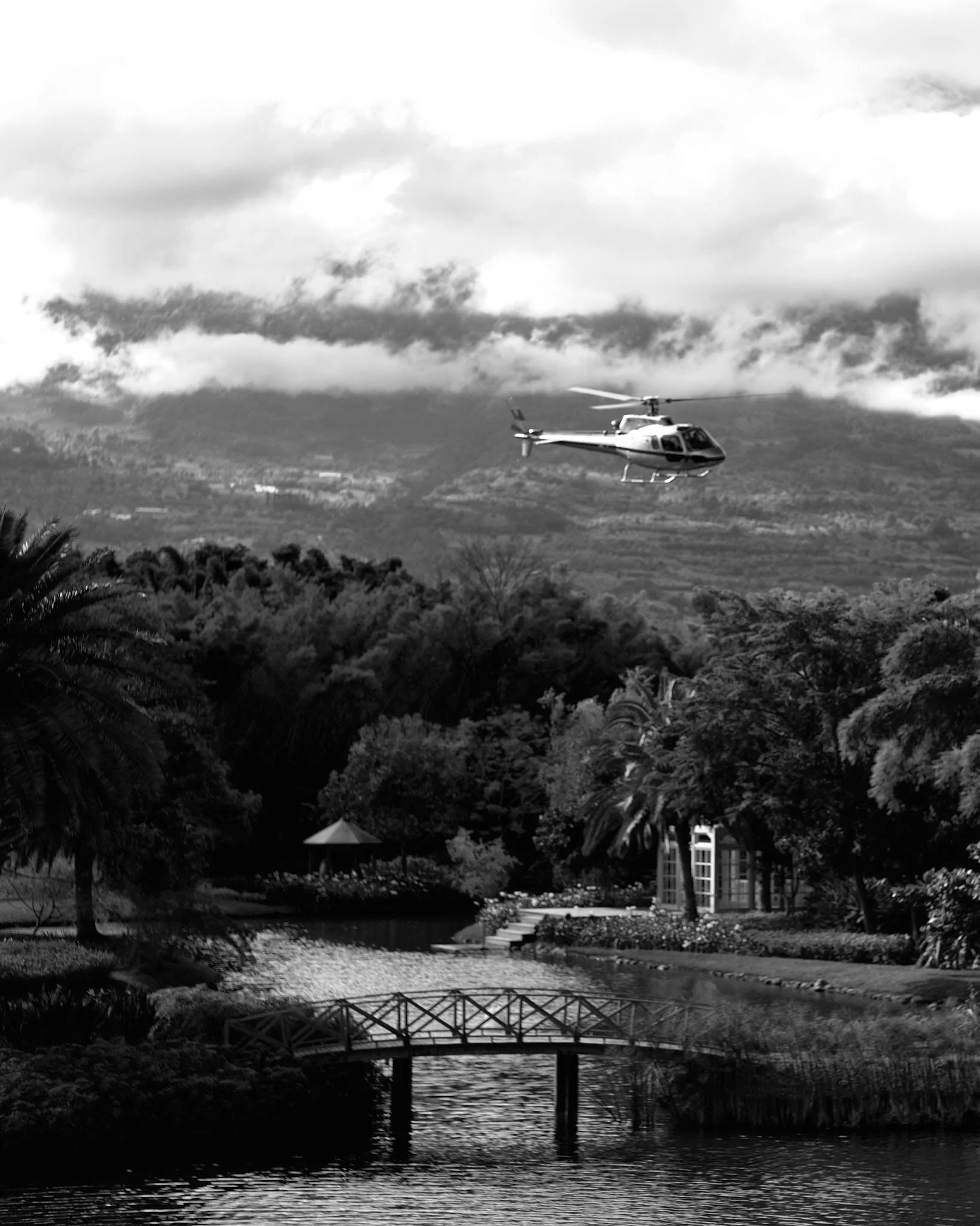 A helicopter flying over a lush garden with a pond, trees, and a small bridge, with mountains and cloudy sky in the background.
