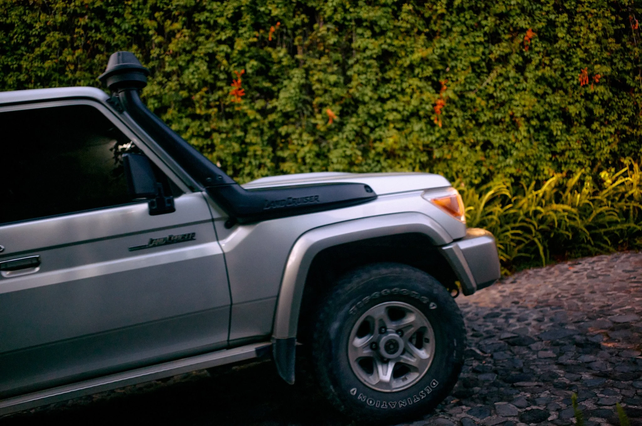 Partial view of a silver Toyota Land Cruiser parked on a cobblestone street with green leafy bushes in the background.